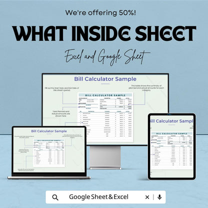 Bill Calculator | Monthly Budget Planner | Expense Tracker Spreadsheet | Personal Finance Template | Budget Calculator Sheet