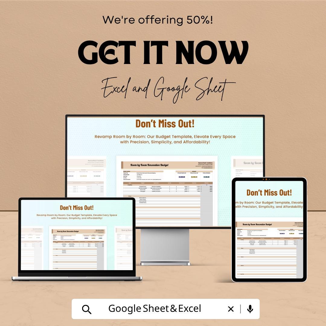 Room by Room Renovation Budget Template | Home Remodel Budget Spreadsheet | Renovation Cost Planner | House Renovation Budget Tracker |