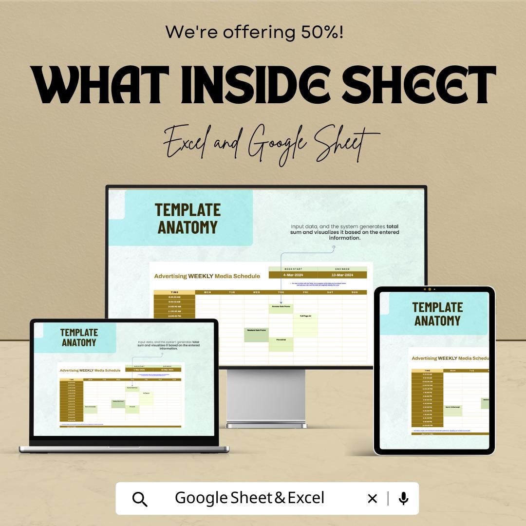 Advertising Weekly Media Schedule Template | Ad Campaign Planner | Media Planning Sheet | Weekly Advertising Calendar | Budget Tracker