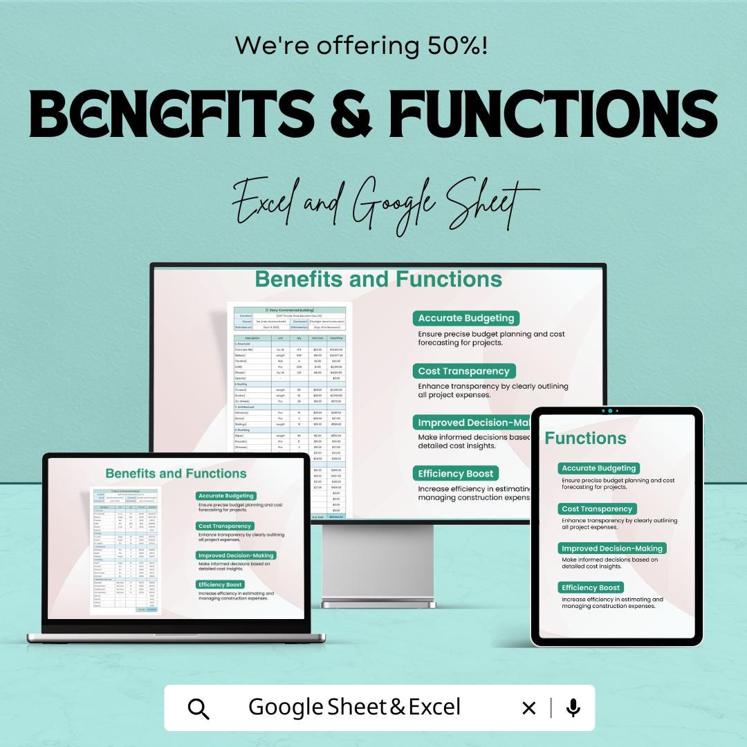 Editable Construction Cost Estimate Sheet - Excel & Google Sheets Template - Cost Calculation, Budget Planner, Construction Expense Tracker