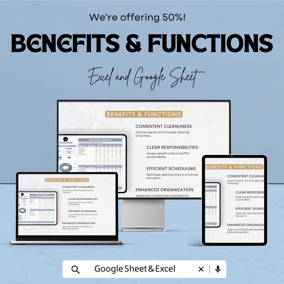 Cleaning Rota Template | Cleaning Schedule Spreadsheet | Staff Cleaning Checklist | Excel & Google Sheets Cleaning Planner