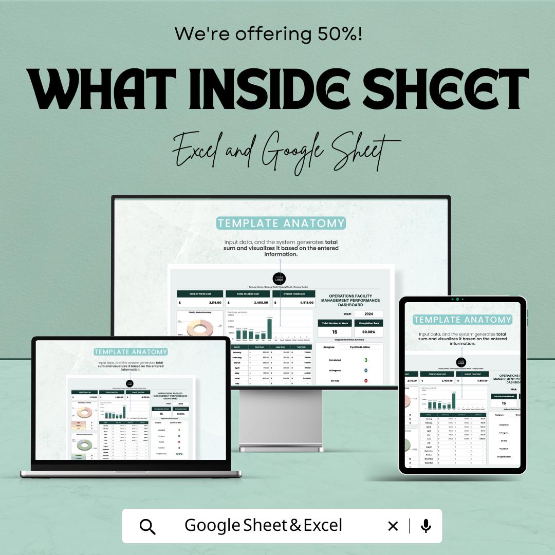 Facility Management Dashboard | Excel and Google Sheets | Performance Tracker | Operations Metrics Template | Work Order & Cost Report