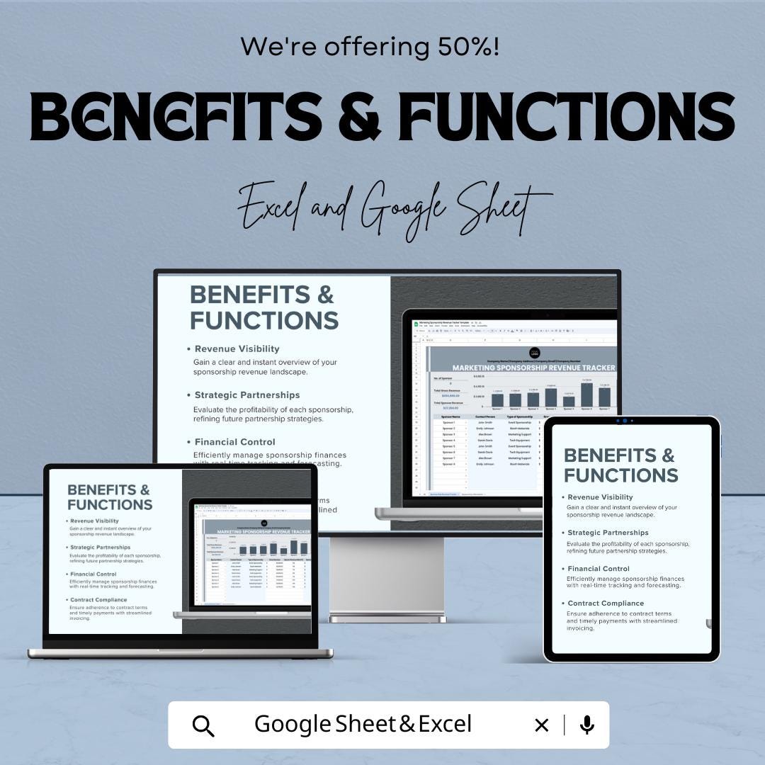 Marketing Sponsorship Revenue Tracker Sheet | Excel and Google Sheets | Budget & ROI Dashboard