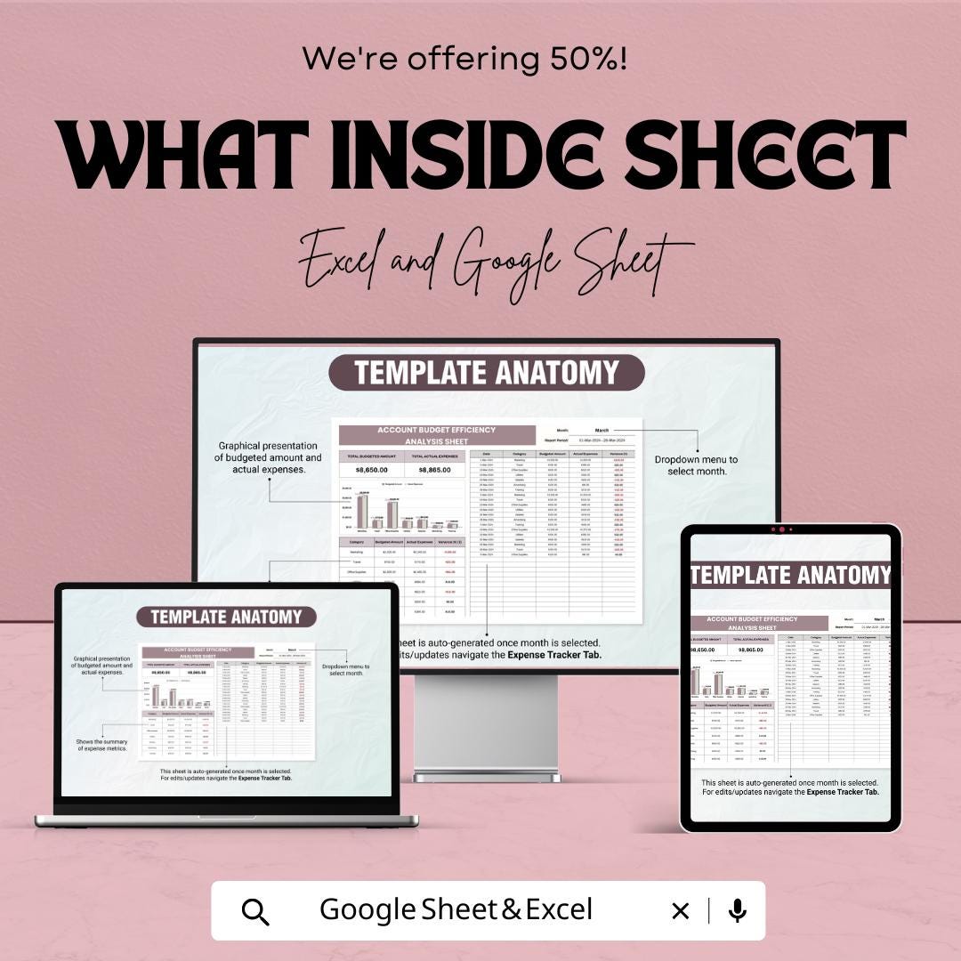 Account Budget Efficiency Analysis Sheet Template | Expense Tracker | Monthly Budget Planner | Financial Report Dashboard