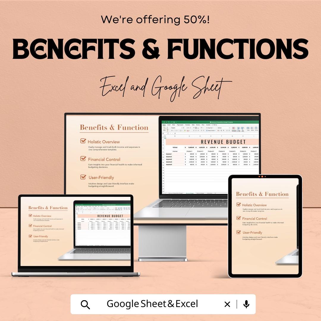 Revenue & Expenditure Budget Sheet | Monthly Income and Expense Tracker | Excel and Google Sheets Template | Business Budget Planner