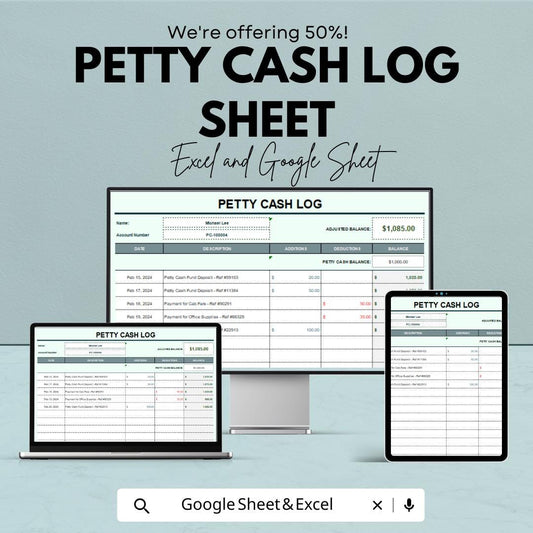 Petty Cash Log Sheet | Google Sheets Template | Business Expense Tracker | Cash Flow Sheet | Printable Cash Ledger | Digital Download