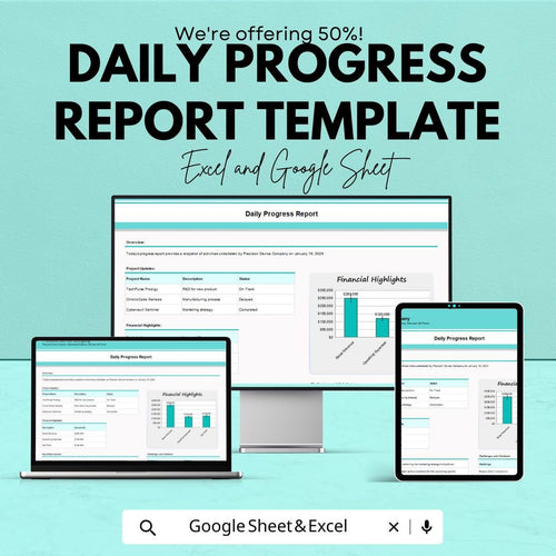 Daily Progress Report Template | Excel and Google Sheets | Business Report Tracker | Project Management Sheet | Productivity & Task Tracker