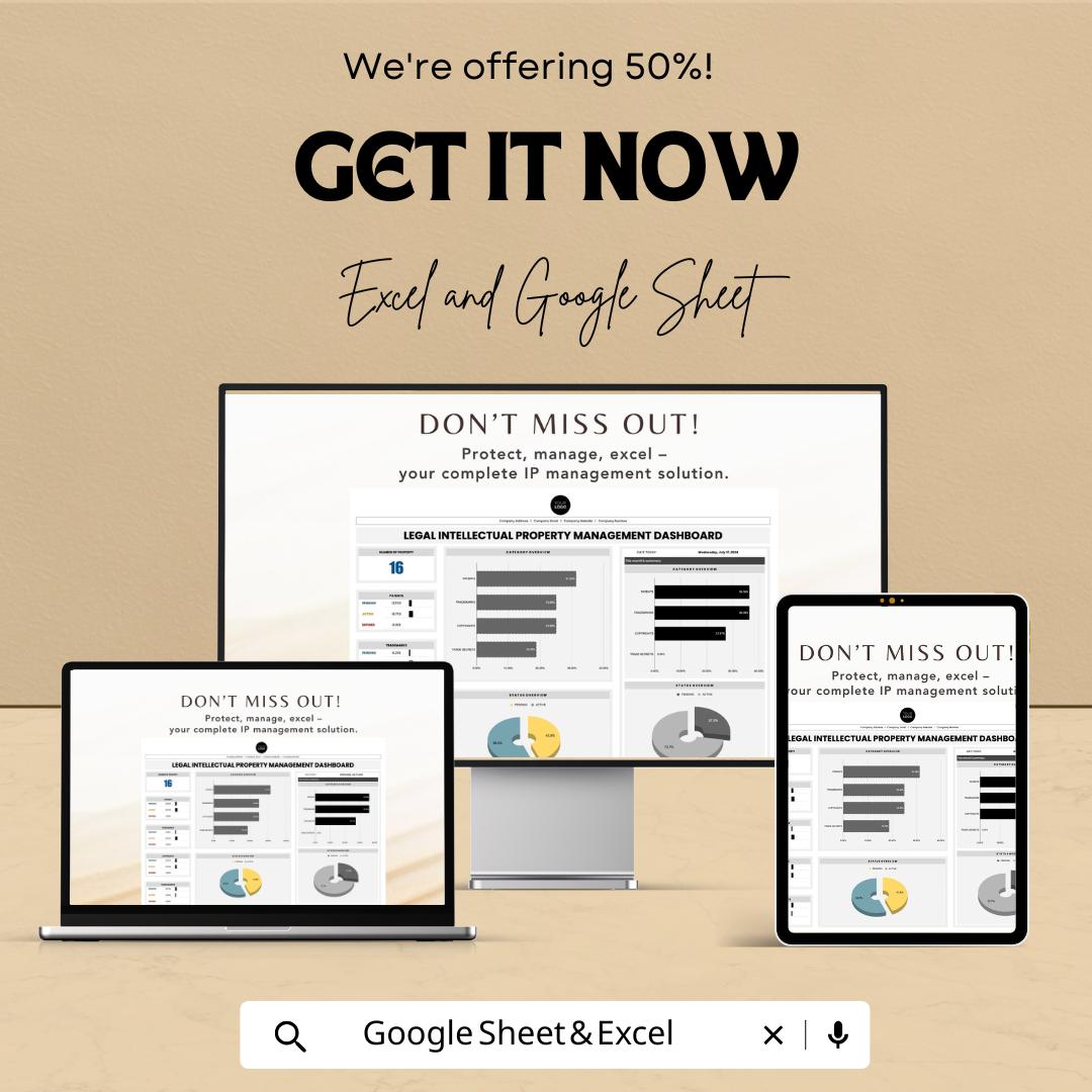 Legal Intellectual Property Management Dashboard Template, IP Portfolio Tracker, Patent & Trademark Dashboard