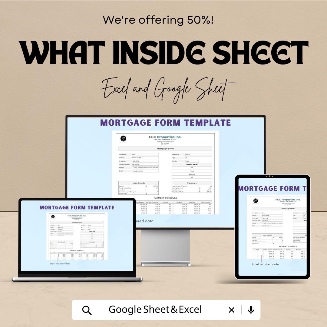 Mortgage Form Template - Easy Loan Application Form for Lenders and Borrowers | Excel & Google Sheet | Customizable Mortgage Calculator