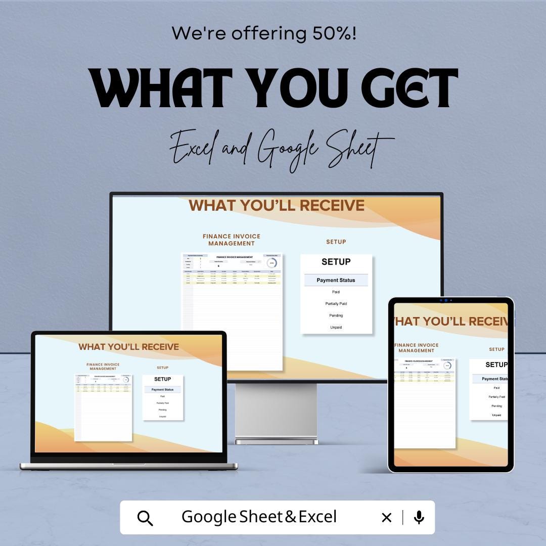 Finance Invoice Management Template | Invoice Tracker Spreadsheet | Payment Status Log | Automated Calculations | Business Finance Template