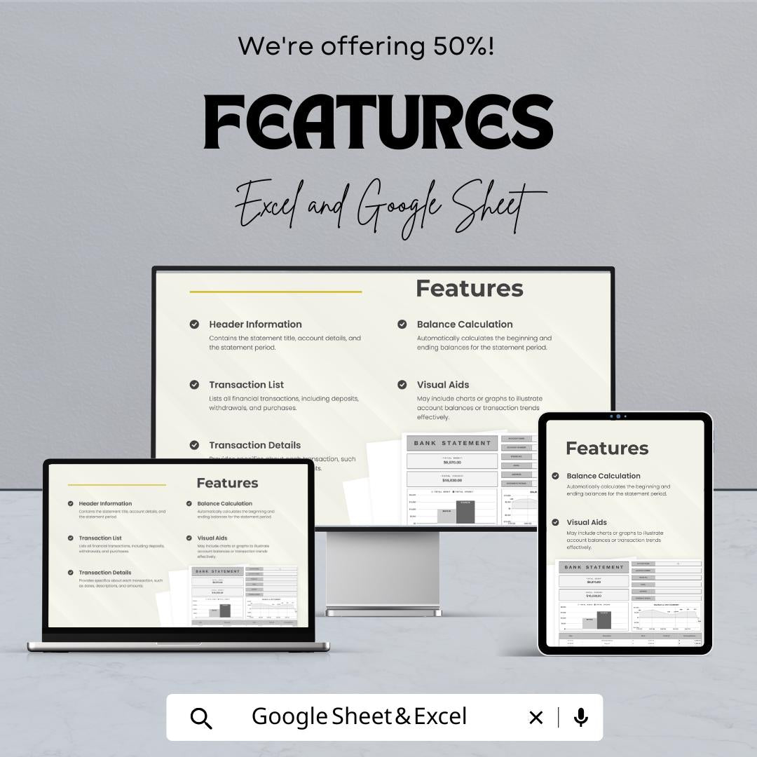 Bank Statement Sheet Template | Excel and Google Sheets | Financial Tracker | Debit & Credit Record | Expense Income Log | Digital Download