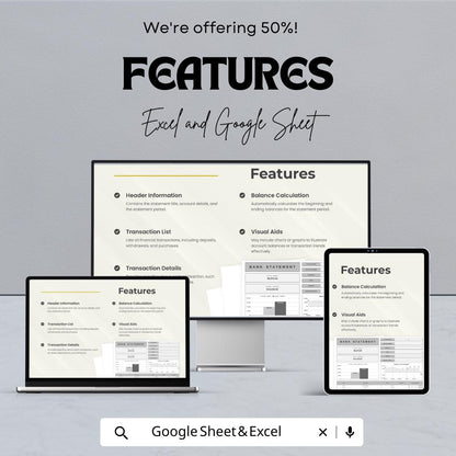 Bank Statement Sheet Template | Excel and Google Sheets | Financial Tracker | Debit & Credit Record | Expense Income Log | Digital Download