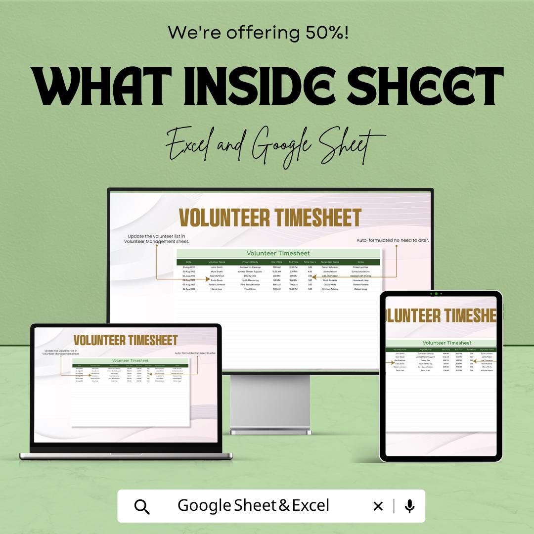Volunteer Timesheet Template | Volunteer Hours Tracker | Nonprofit Time Log | Volunteer Tracking Spreadsheet