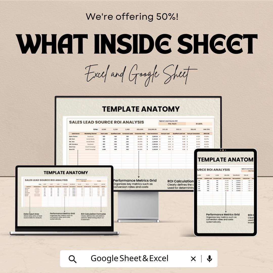 Sales Lead Source ROI Analysis Template | Lead Tracking Spreadsheet | Marketing ROI Calculator | Excel & Google Sheets | ROI Dashboard