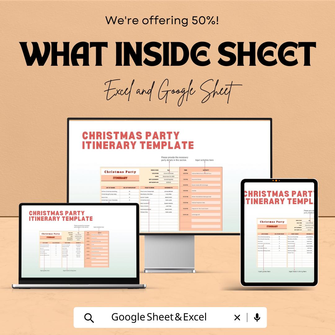 Christmas Party Itinerary Sheet – Plan Your Festive Event | Editable Excel & Google Sheets Template | Customizable Christmas Party Planner