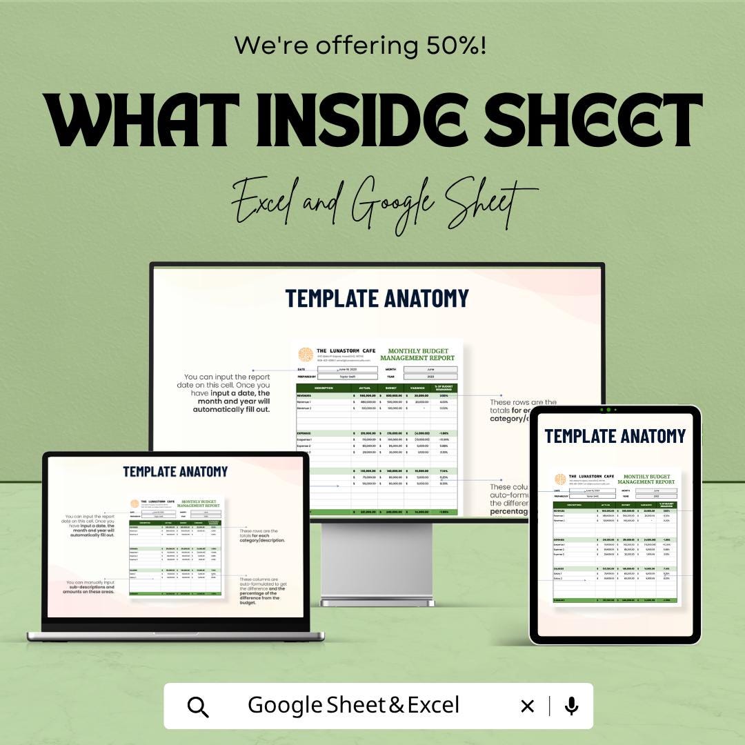 Monthly Budget Management Report Template | Budget Report Spreadsheet | Financial Analysis Sheet
