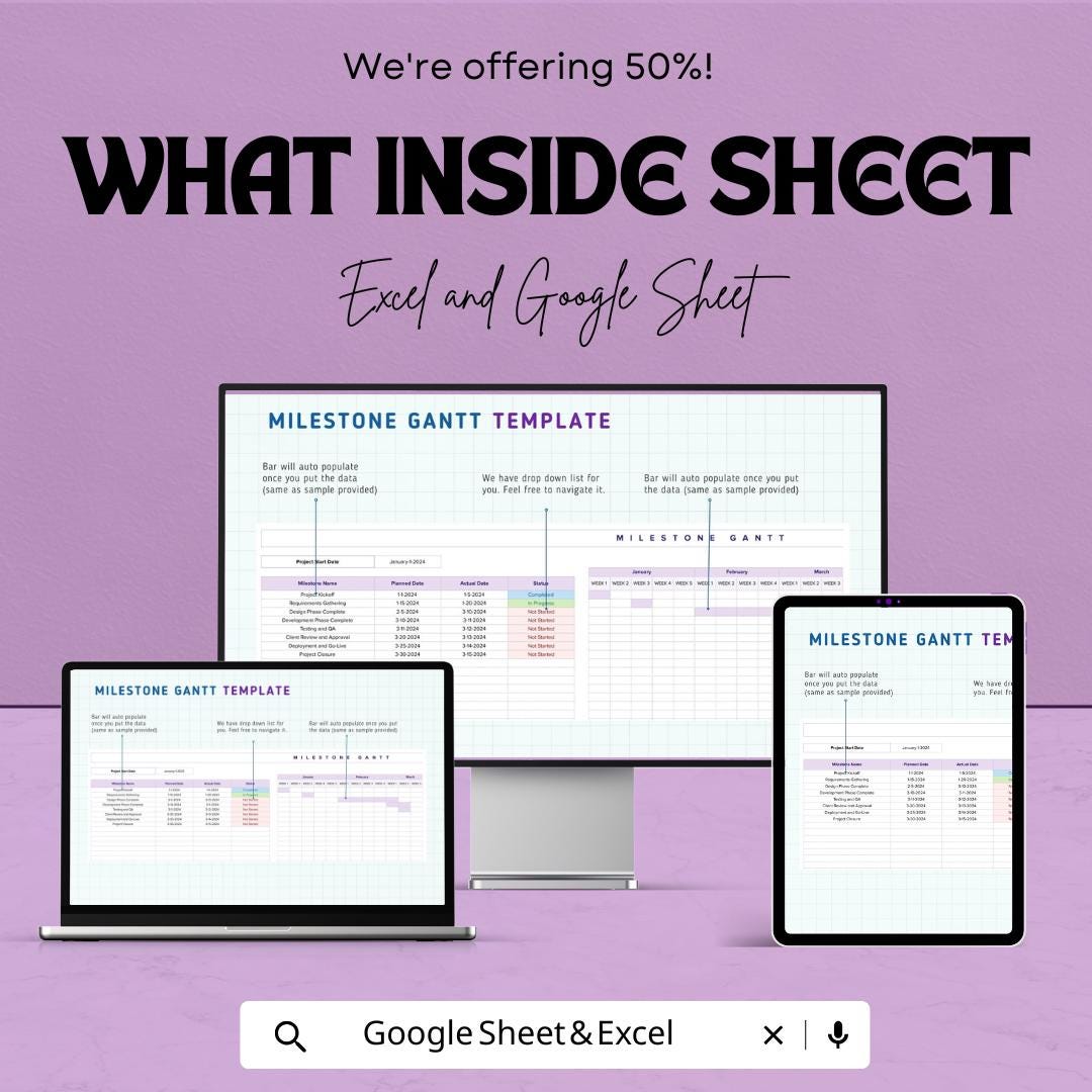 Milestone Gantt Chart Template | Project Timeline Planner | Google Sheets and Excel | Editable Project Plan | Task & Milestone Tracker