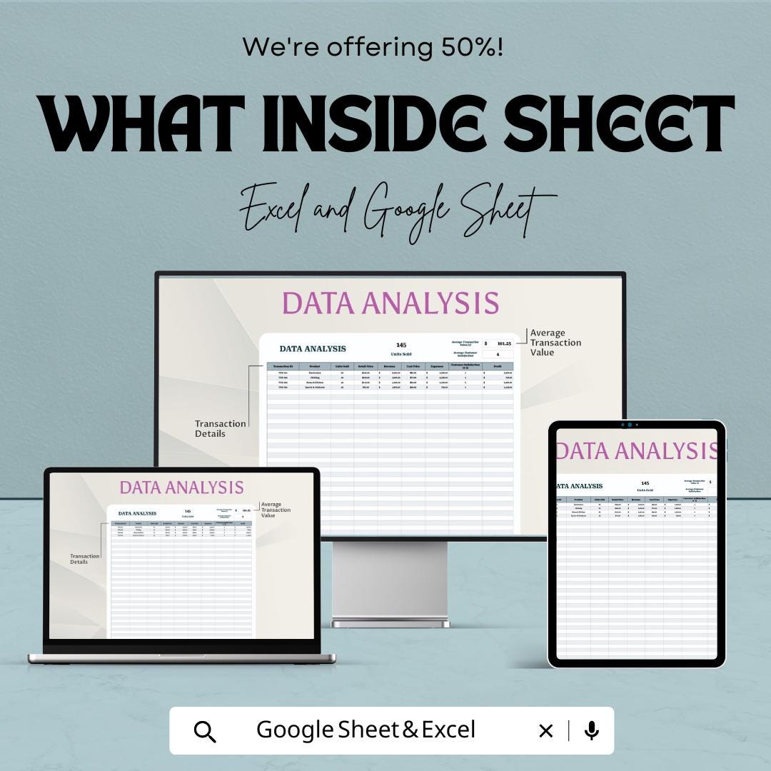 Data Analysis Sheet Template | Excel and Google Sheets | Track Sales, Revenue & Customer Insights