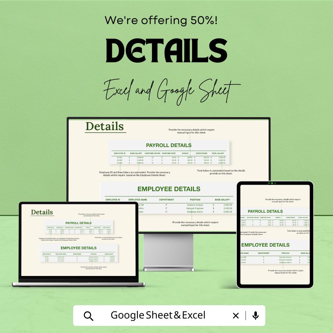 IT Payroll Calculation Sheet Template | Excel & Google Sheets Payroll Calculator | Employee Salary Tracker | Business Payroll Spreadsheet