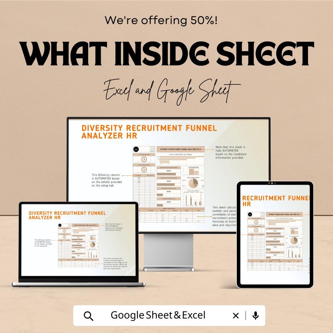 Diversity Recruitment Funnel Analyzer HR Template | DEI Hiring Analytics | Recruitment Diversity Dashboard | Excel & Google Sheets HR Tool