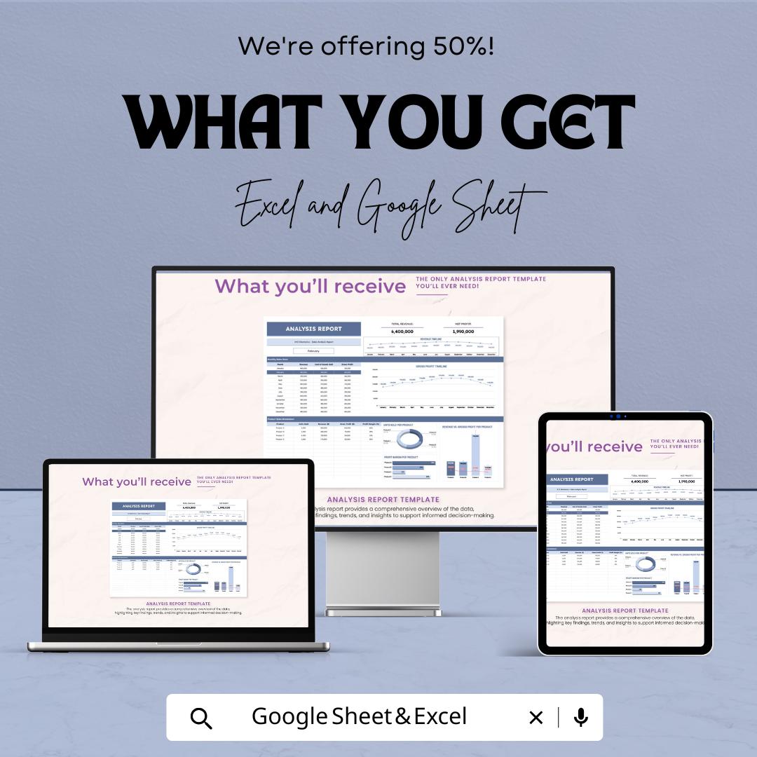 Analysis Report Template | Business Report Excel and Google Sheets | Financial Dashboard Spreadsheet | Data Analysis & Profit Tracker
