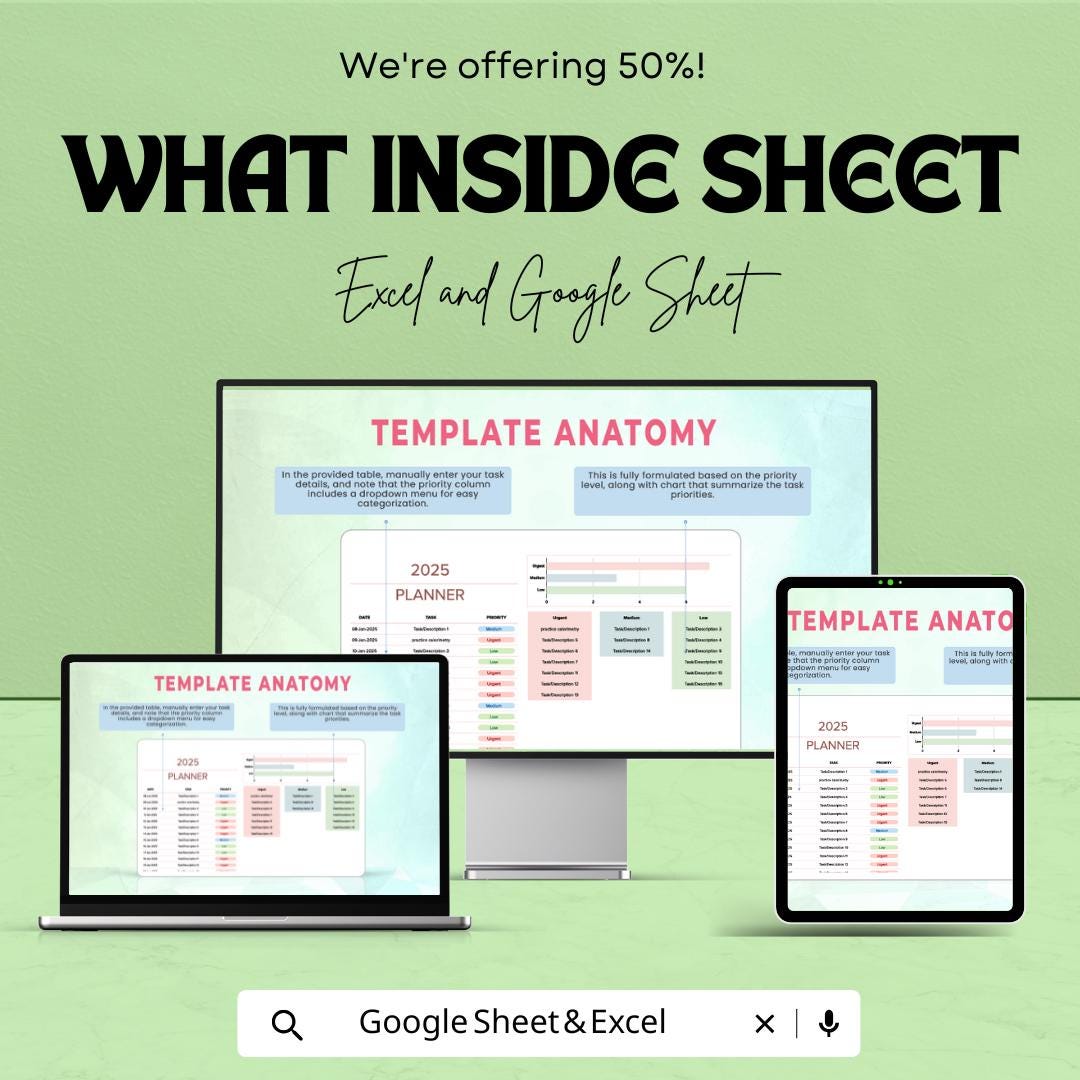 2025 Planner Sheet | Excel & Google Sheet | Task Priority, Monthly Calendar, Goal Management | Digital Download