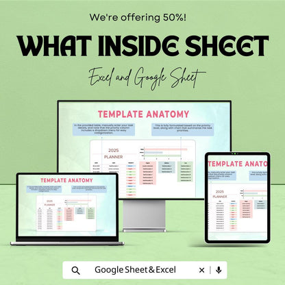 2025 Planner Sheet | Excel & Google Sheet | Task Priority, Monthly Calendar, Goal Management | Digital Download