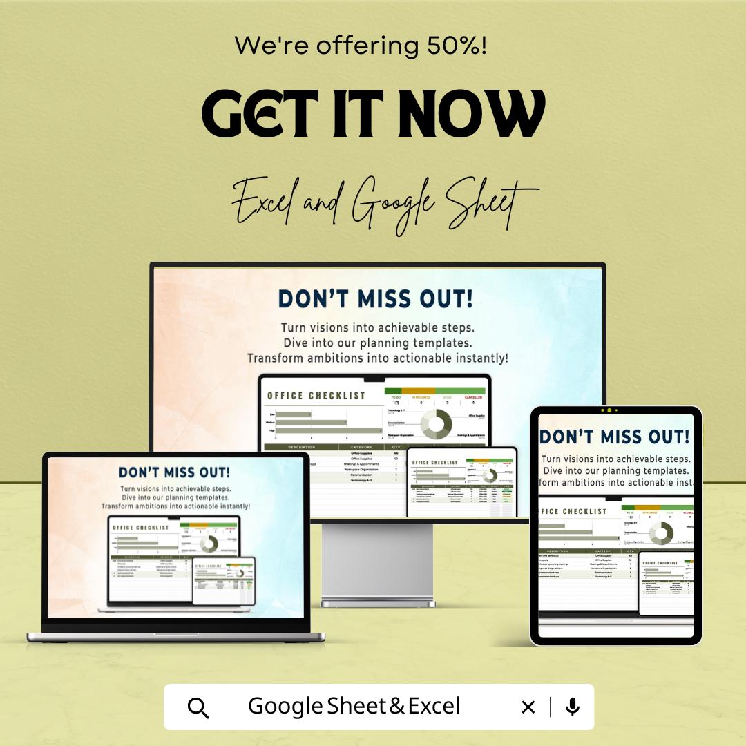 Office Checklist Sheet | Excel and Google Sheets Template | Task Tracker | Business & Admin Organization | Project Management List