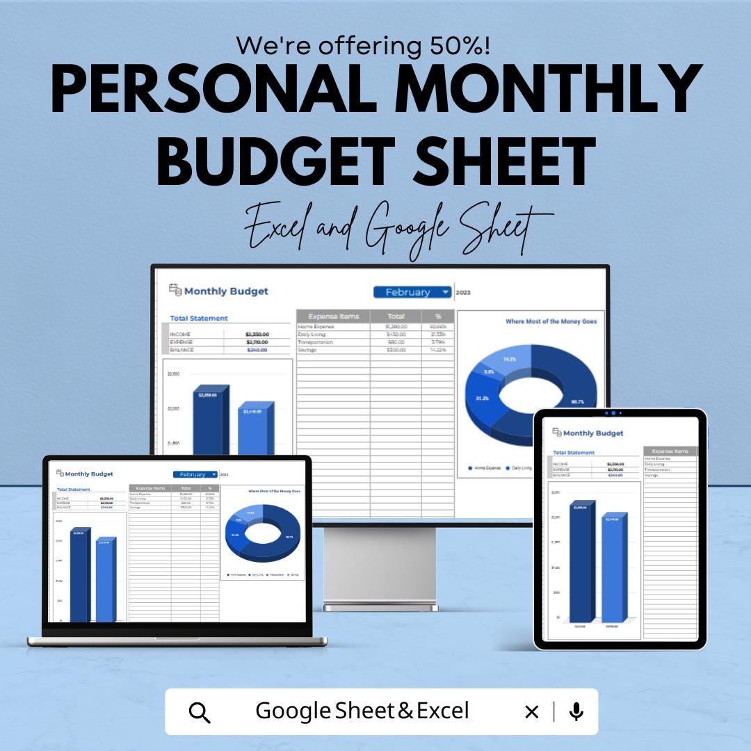 Personal Monthly Budget Sheet Template | Monthly Budget Planner | Google Sheet & Excel Budget Tracker | Easy Financial Management