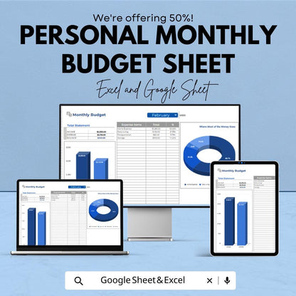 Personal Monthly Budget Sheet Template | Monthly Budget Planner | Google Sheet & Excel Budget Tracker | Easy Financial Management