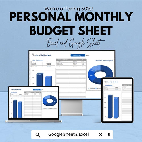 Personal Monthly Budget Sheet Template | Monthly Budget Planner | Google Sheet & Excel Budget Tracker | Easy Financial Management