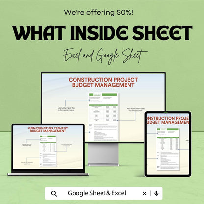 Construction Project Budget Management Sheet - Excel & Google Sheets Template - Budget Planning, Project Costing, Expense Tracker