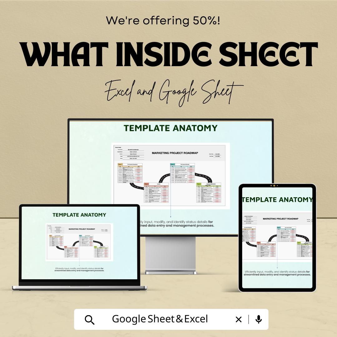 Marketing Project Roadmap Sheet | Excel & Google Sheets Template | Campaign Planning, Goal Setting, Milestone Tracking | 50% Off