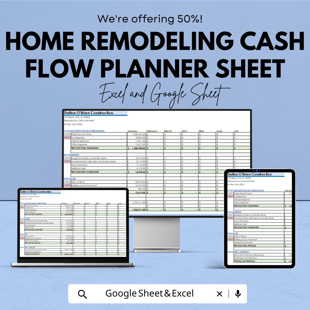 Home Remodeling Cash Flow Planner Sheet - Google Sheet Template - Track Project Budget, Costs, and Expense | Financial Management