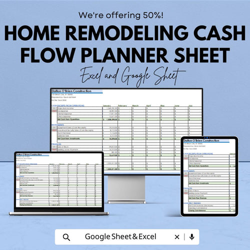 Home Remodeling Cash Flow Planner Sheet - Google Sheet Template - Track Project Budget, Costs, and Expense | Financial Management