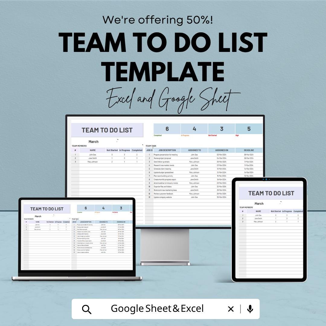 Team To Do List Template | Team Task Tracker Spreadsheet | Project Collaboration Planner | Employee Task Management Sheet |