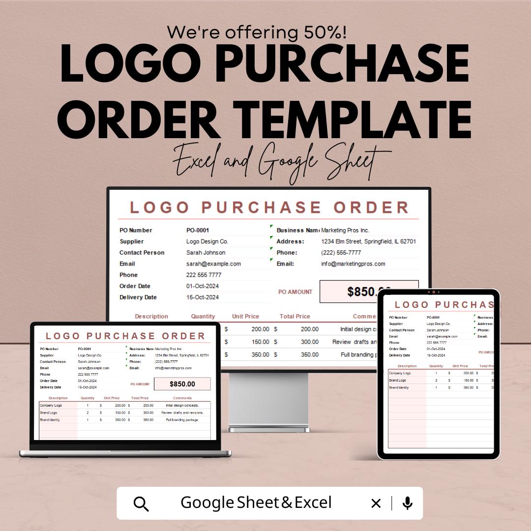 Logo Purchase Order Template | Excel and Google Sheets | Branding Order Sheet | Client Invoice & Purchase Form