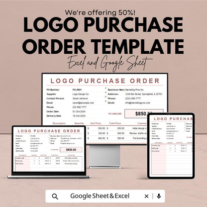 Logo Purchase Order Template | Excel and Google Sheets | Branding Order Sheet | Client Invoice & Purchase Form