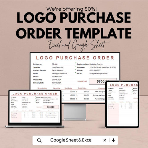 Logo Purchase Order Template | Excel and Google Sheets | Branding Order Sheet | Client Invoice & Purchase Form