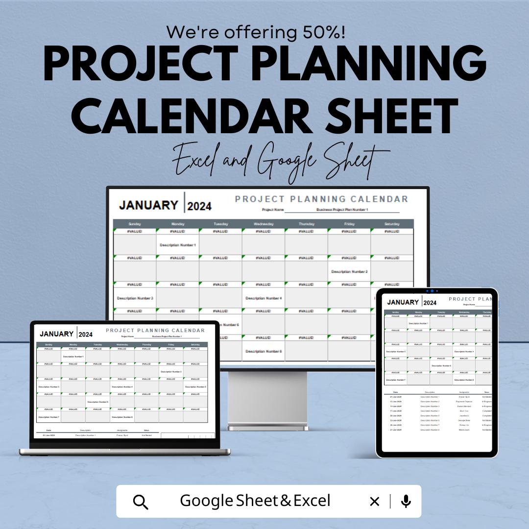 Project Planning Calendar Sheet | 2024 Monthly Planner | Excel & Google Sheets | Project Tracker | Editable Template | Business Organizer
