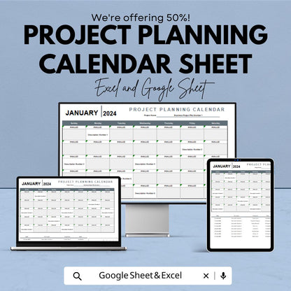 Project Planning Calendar Sheet | 2024 Monthly Planner | Excel & Google Sheets | Project Tracker | Editable Template | Business Organizer