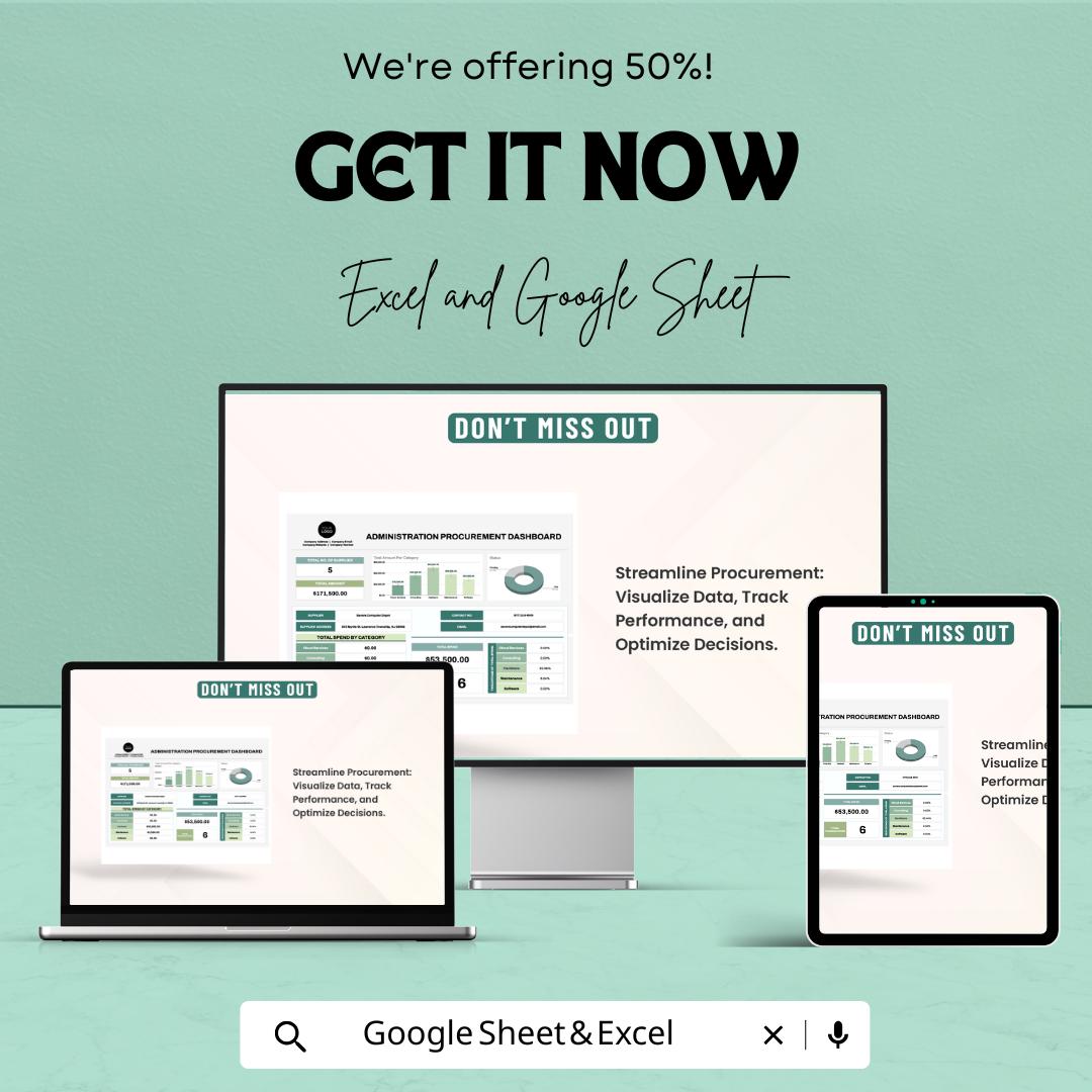Administration Procurement Dashboard Sheet | Excel and Google Sheets | Track Procurement Performance & Supplier Activities