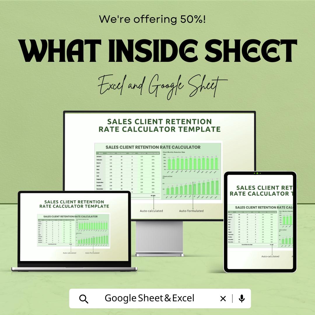 Sales Client Retention Rate Calculator Template | Customer Retention Tracker | Monthly Retention Dashboard | Excel & Google Sheets