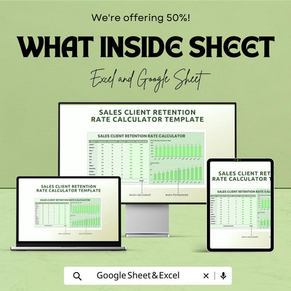 Sales Client Retention Rate Calculator Template | Customer Retention Tracker | Monthly Retention Dashboard | Excel & Google Sheets