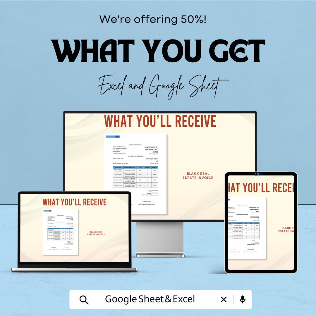 Blank Real Estate Invoice Sheet | Excel & Google Sheets Template | Customizable Real Estate Invoice | Instant Download |