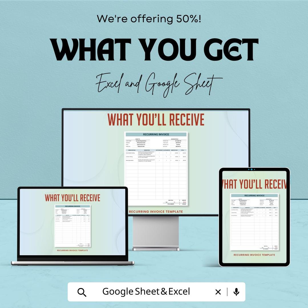 Recurring Invoice Template | Subscription Billing Template | Automated Invoice Sheet | Editable Business Billing | Printable Payment Tracker