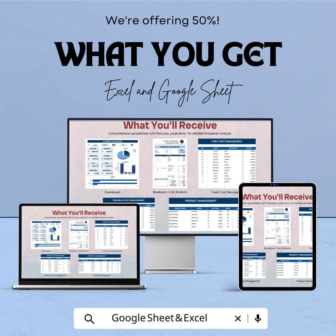 Breakeven Cost Analysis Template | Profit and Loss Calculator | Excel and Google Sheets Dashboard | Business Finance Spreadsheet
