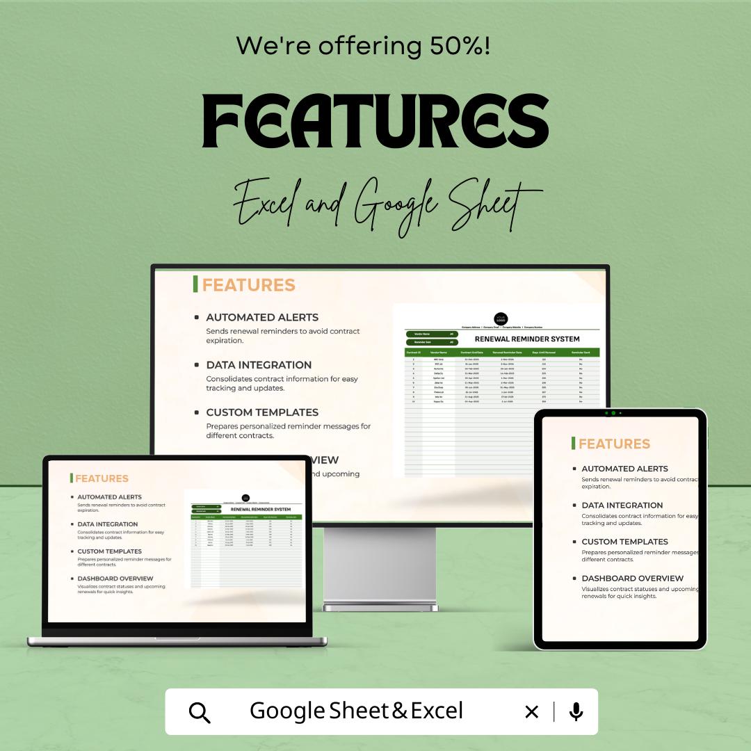 Legal Contract Renewal Tracker, Contract Reminder Template, Law Office Renewal System, Excel & Google Sheets Contract Management Tool