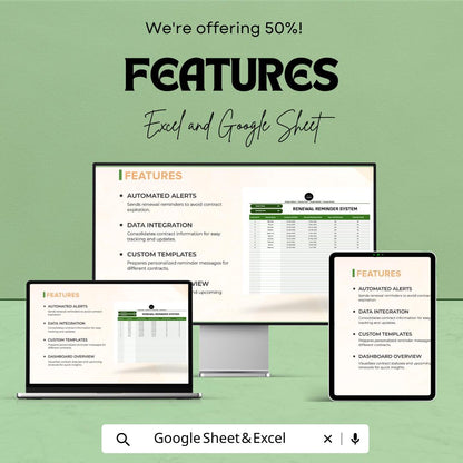 Legal Contract Renewal Tracker, Contract Reminder Template, Law Office Renewal System, Excel & Google Sheets Contract Management Tool