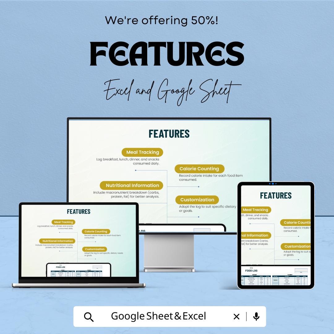 Weekly Food Log Sheet | Google Sheet and Excel | Meal Tracker | Calorie & Nutrition Journal | Weight Loss Planner | Diet Tracking Template